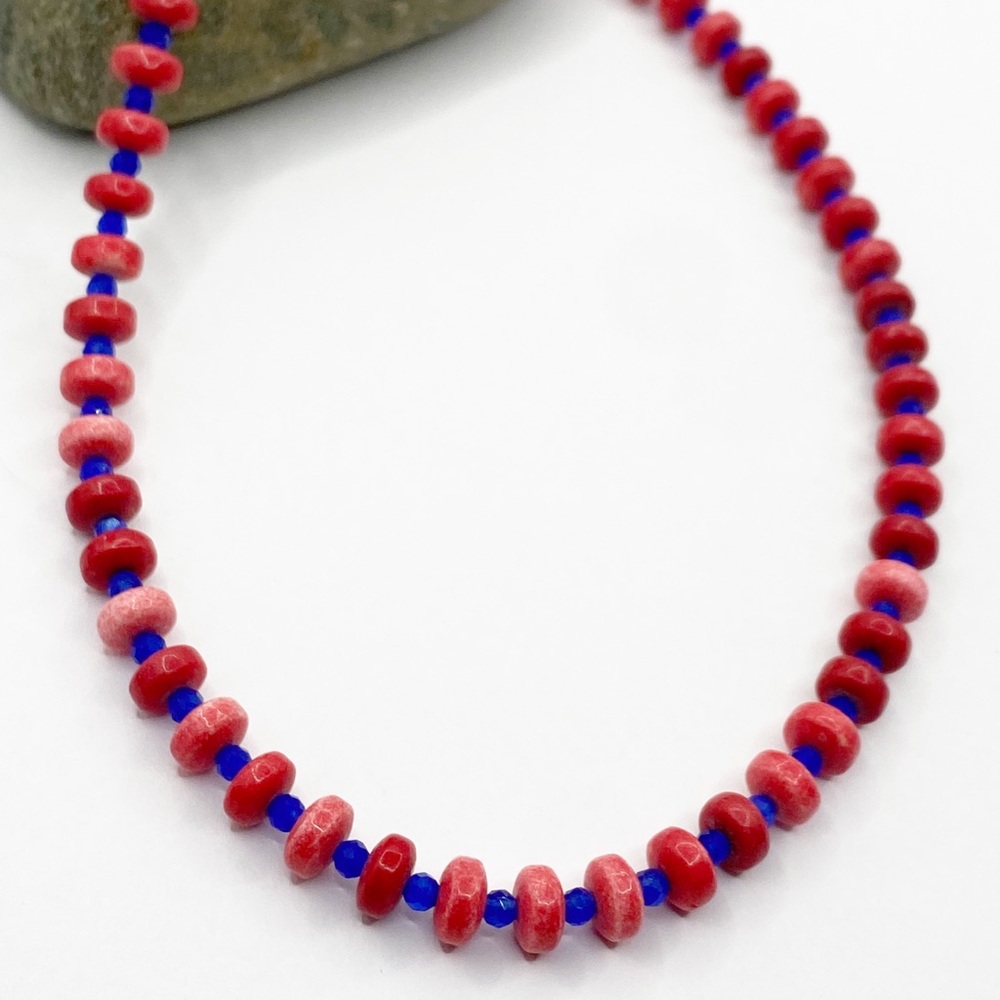NEW Red and Royal Blue Stone Beaded Necklace
